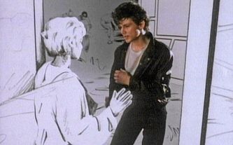 Scene from the video showing the girl 'rotoscoped' with the live action singer.